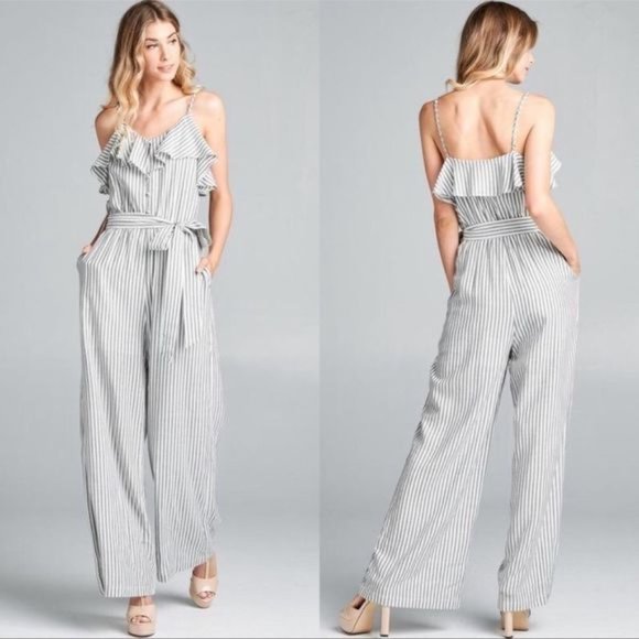 COTTON BLEU “THE FLORENCE” JUMPSUIT IN GREY/WHITE STRIPES SIZE MEDIUM NWT - Picture 1 of 16